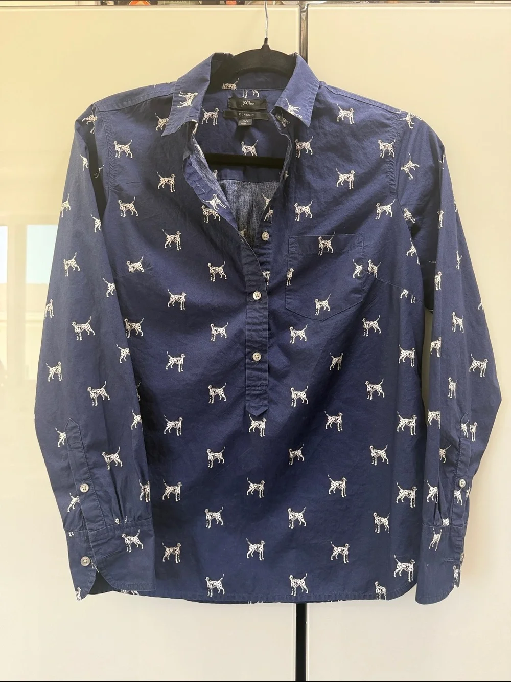 J. Crew Navy Shirt with White Dalmatian Print